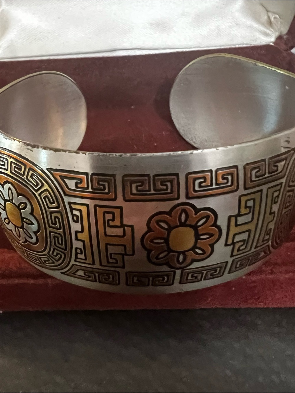 Reed & Barton Silver-Tone Floral and Greek Key Cuff Bracelet with Gold Accents